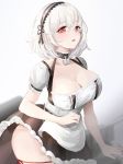  1girl absurdres azur_lane breasts choker cleavage dress hairband highres large_breasts lielac looking_at_viewer maid maid_dress open_mouth red_eyes short_hair silver_hair simple_background sirius_(azur_lane) solo tight white_background white_hair 