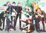  6+boys aijima_cecil bare_shoulders black_hair black_headwear black_jacket black_pants blonde_hair blue_hair brown_hair camera camus_(uta_no_prince-sama) closed_eyes closed_mouth dark_skin fedora formal full_body hand_on_hip hat highres hijirikawa_masato holding holding_cake holding_camera ichinose_tokiya ittoki_otoya jacket jacket_on_shoulders jinguuji_ren kneeling kotobuki_reiji kurosaki_ranmaru kurusu_shou long_hair looking_at_another male_focus mikaze_ai moge-hera multiple_boys necktie open_clothes open_jacket open_mouth orange_hair pants red_hair shinomiya_natsuki short_hair silver_hair sitting standing suit uta_no_prince-sama vest white_headwear 