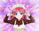  1girl :o apron azami_masurao bangs blue_eyes blush commentary_request double_v emotional_engine_-_full_drive expressionless highres hisui long_sleeves looking_at_viewer maid maid_apron maid_headdress parody pink_hair portrait salute short_hair sidelocks solo tsukihime two-finger_salute v 