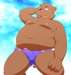  anthro belly blush brown_body brown_fur bulge clothing erection fur genitals humanoid_hands kemono male mammal outside overweight overweight_male penis penta002 solo underwear ursid 