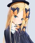 1girl abigail_williams_(fate/grand_order) absurdres bangs black_bow black_dress blonde_hair blush bow breasts closed_mouth dress fate/grand_order fate_(series) forehead hat highres long_hair looking_at_viewer multiple_bows orange_bow parted_bangs polka_dot polka_dot_bow ribbed_dress sakazakinchan simple_background sleeves_past_wrists small_breasts smile solo witch_hat 
