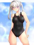  1girl black_swimsuit blonde_hair blue_background breasts commentary_request competition_swimsuit contrapposto cowboy_shot graf_zeppelin_(kantai_collection) hair_between_eyes highres kantai_collection lens_flare long_hair looking_at_viewer one-piece_swimsuit purple_eyes sebunsu sidelocks small_breasts solo standing swimsuit tsurime twintails 