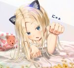  1girl abigail_williams_(fate/grand_order) animal_ear_fluff animal_ears bangs bare_shoulders blonde_hair bow cat_ears commentary_request eyebrows_visible_through_hair fate/grand_order fate_(series) floral_print flower hair_bow highres large_hands long_hair lying on_stomach parted_bangs pillow sakazakinchan solo translation_request yellow_flower 