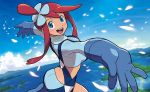  1girl ass blue_eyes breasts feathers gloves hair_ornament medium_breasts official_art open_mouth outstretched_arms pokemon pokemon_(game) pokemon_bw pokemon_trading_card_game red_hair shorts sky strap strap_gap 