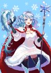  1girl :d animal_on_hand black_legwear blue_background blue_eyes blue_hair breasts cape cleavage dragon dress ficklerabbit fingerless_gloves gloves highres holding holding_staff light_blue_hair light_blue_legwear long_hair looking_at_viewer open_mouth original red_cape simple_background smile snowflake_print snowflakes solo staff standing thighhighs tiara white_cape white_dress 