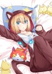  1girl absurdres animal_ears animal_hood azur_lane bangs bataan_(azur_lane) bataan_(comfy_cotton_jammies)_(azur_lane) blonde_hair blue_eyes commentary crossed_bangs crossover eyebrows_visible_through_hair fake_animal_ears fake_tail hair_between_eyes highres hood jibanyan lying natie on_back on_bed pajamas paw_pose short_hair solo tail youkai_watch 