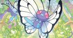 akitsu_taira bug butterfly butterfree creature fangs fence flying gen_1_pokemon insect no_humans official_art plant pokemon pokemon_(creature) pokemon_trading_card_game purple_eyes 