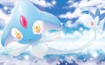  :o azelf blue_sky cloud cloudy_sky creature floating full_body gen_4_pokemon legendary_pokemon mizue official_art pokemon pokemon_(creature) pokemon_trading_card_game sky solo star_(sky) starry_sky 
