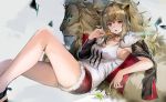  1girl 666_(ro_ro_ro3) absurdres animal_ear_fluff animal_ears arknights bangs bare_legs black_choker black_jacket breasts brown_eyes brown_hair candy choker cleavage commentary cutoffs eyebrows_visible_through_hair fang feet_out_of_frame food grey_background hand_up highres holding holding_food jacket knee_up large_breasts lion lion_ears lollipop long_hair long_sleeves looking_at_viewer open_mouth reclining red_shorts short_shorts shorts sidelocks siege_(arknights) tank_top thighs white_tank_top 