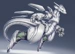  armor dragon flying futuristic green_eyes horn levitation location_now looking_at_viewer machine mecha scales simple_background thick_tail thick_thighs white_body 