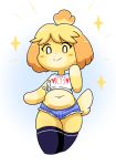  &lt;3 2019 animal_crossing anthro blush canid canine canis clothed clothing crop_top disfigure domestic_dog female fur hair isabelle_(animal_crossing) looking_at_viewer mammal nintendo shih_tzu shirt short_pants simple_background smile solo star topwear toy_dog video_games walking white_background yellow_body yellow_fur 