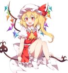  1girl :d ascot bangs blush caramell0501 commentary crystal eyebrows_visible_through_hair fang flandre_scarlet frilled_shirt_collar frills hair_between_eyes hat hat_ribbon highres knees_up laevatein long_hair looking_at_viewer miniskirt mob_cap one_side_up open_mouth petticoat puffy_short_sleeves puffy_sleeves red_ribbon red_skirt red_vest ribbon shirt short_sleeves simple_background sitting skirt skirt_set smile socks solo touhou vest white_background white_headwear white_legwear white_shirt wings yellow_neckwear 