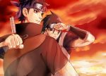  2boys black_hair closed_mouth forehead_protector headband konohagakure_symbol kunai long_hair male_focus mangekyou_sharingan multiple_boys naruto naruto_(series) ninja one_eye_closed parted_lips red_eyes sharingan short_hair sky sword tarou_(0514251997) uchiha_itachi uchiha_shisui weapon 