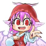  1girl animal_ears avatar_icon bird_wings brown_eyes brown_headwear chamaji commentary eyebrows_visible_through_hair feathered_wings fingernails hair_between_eyes hand_on_own_chest hat long_fingernails long_sleeves looking_at_viewer lowres mystia_lorelei open_mouth outstretched_hand pink_hair ribbon sharp_fingernails short_hair signature smile solo touhou upper_body winged_hat wings 