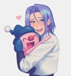  1boy blue_hair blush fangs gi_xxy green_eyes happy heart highres hug kojirou_(pokemon) mime_jr. pokemon pokemon_(anime) pokemon_(creature) smile team_rocket white_background 