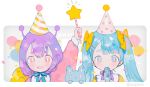  2girls antennae arm_up balloon bangs blue_eyes blue_hair blue_neckwear bow commentary_request confetti hair_bow hair_ornament hairclip hat holding holding_wand long_hair looking_at_viewer mole mole_under_eye multiple_girls neck_ribbon party_hat pechika purple_hair purple_neckwear ramune red_eyes ribbon short_hair smile snail_girl snailchan snails_house star twintails twitter_username upper_body wand yellow_bow 