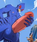  absurd_res anthro avian balls big_balls big_penis bird building canid canine erection falco_lombardi fox fox_mccloud genitals hi_res humanoid_genitalia humanoid_penis looking_down looming macro male mammal masturbation nintendo penis ryeono_kemo star_fox video_games 