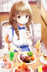  1girl apron bangs blue_apron blue_ribbon blush braid breasts brown_hair cake candy chair cherry commentary_request eating eyebrows_visible_through_hair food fork fruit hair_ornament hairclip hariclip highres holding holding_fork holding_knife knife koubeya_uniform large_breasts long_hair looking_at_viewer original ran9u ribbon shirt short_sleeves sitting smile solo twin_braids white_shirt x_hair_ornament 