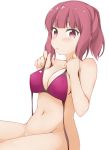  1girl bangs bikini blush bottomless breasts brown_hair cleavage closed_mouth commentary_request eyebrows_visible_through_hair groin hinata_masaki holding_bikini_top koisuru_asteroid large_breasts looking_at_viewer navel ponytail purple_bikini red_eyes sakurai_mikage sidelocks simple_background sitting solo swimsuit white_background 