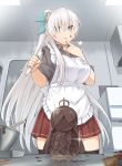  1girl alternate_costume anastasia_(fate/grand_order) apron bangs black_legwear black_shirt blue_bow blue_eyes bow bowl breasts chocolate chocolate_on_face commentary_request door eyebrows_visible_through_hair eyes_visible_through_hair fate/grand_order fate_(series) food food_on_face from_below hair_between_eyes hair_over_one_eye hairband holding indoors kitchen large_breasts long_hair looking_at_viewer pleated_skirt ponytail red_skirt refrigerator shirt shiseki_hirame short_sleeves silver_hair skirt smile solo thighhighs tongue tongue_out very_long_hair white_apron 