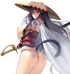  1girl animal_ears ass breasts cat_ears cat_tail commentary fundoshi highres huge_breasts japanese_clothes katana long_hair looking_at_viewer looking_to_the_side masao nipples original parted_lips red_eyes revision samurai simple_background solo sword tail thighs very_long_hair weapon white_background 