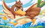  ^_^ bird bird_focus black_eyes blue_sky closed_eyes cloud cloudy_sky creature day farfetch&#039;d gen_1_pokemon holding_spring_onion looking_back no_humans official_art outdoors pokemon pokemon_(creature) pokemon_trading_card_game psyduck ripples shibuzoh sky walking water 