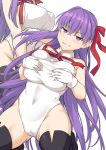  1girl bangs bare_shoulders bb_(fate)_(all) bb_(swimsuit_mooncancer)_(fate) black_legwear breasts cameltoe eyebrows_visible_through_hair fate/grand_order fate_(series) gloves grin hair_ribbon large_breasts long_hair looking_at_viewer multiple_views navel purple_eyes purple_hair red_ribbon ribbon shiseki_hirame simple_background smile swimsuit thighhighs very_long_hair white_background white_gloves white_swimsuit 