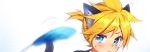  1boy animal_ears blonde_hair blue_eyes blush cat_day cat_ears cat_teaser commentary_request kagamine_len looking_at_object male_focus nyaumineko raised_eyebrow short_ponytail spiked_hair sweat vocaloid white_background 