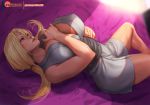  1girl bed_sheet between_breasts blonde_hair breasts cleavage covered_nipples dappled_sunlight eyelashes facial_mark forehead_mark hand_between_breasts huge_breasts lips long_hair low_twintails lying naruto_(series) no_bra no_pants nose on_back orange_eyes rejean_dubois sleeveless solo sunlight tsunade twintails 