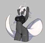  1girl absurdres amrkdrw arm_scar armpits arms_up black_skin blue_eyes closed_mouth covered_nipples grey_background grey_sclera hair_over_one_eye highres horn leg_scar long_hair navel original scar simple_background solo tail white_hair white_horns 
