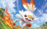 :d blue_sky brown_eyes bunny cloud cloudy_sky day fire grass happy himeno_kagemaru motion_lines official_art open_mouth outdoors pokemon pokemon_trading_card_game running scorbunny sky smile 