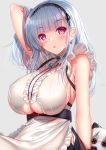  1girl anchor apron arm_up azur_lane bangs bare_shoulders black_hairband black_skirt blunt_bangs blush breasts button_eyes center_frills dido_(azur_lane) doll earrings eyebrows_visible_through_hair grey_background hairband highres jewelry large_breasts long_hair parted_lips purple_eyes shirt silver_hair simple_background skirt sleeveless sleeveless_shirt smile solo underboob underboob_cutout upper_body waist_apron white_apron yunagi_amane 