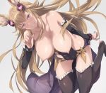  1girl akira_(coffee_curry) animal_ears bangs black_dress black_legwear blush bracelet breasts breasts_outside covered_navel detached_sleeves dress dress_pull erune granblue_fantasy grey_background hair_between_eyes hair_ornament highres jewelry large_breasts light_brown_hair long_hair looking_at_viewer metera_(granblue_fantasy) nipples open_mouth purple_eyes short_dress simple_background smile solo sweat thighs 