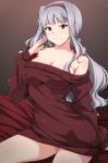  1girl bangs bare_shoulders blush breasts brown_background brown_sweater closed_mouth covered_nipples gradient gradient_background hairband idolmaster idolmaster_(classic) large_breasts long_hair looking_at_viewer low_ponytail off-shoulder_sweater off_shoulder ponytail purple_eyes shijou_takane sidelocks silver_hair sitting smile solo sweater tengu_(tetuo_kun) 