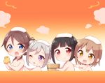  4girls :d ;o bangs bathing black_hair blue_eyes blush brown_eyes brown_hair bucket chibi commentary_request double_bun folded_ponytail grey_hair hand_on_another&#039;s_back hazuki_(sutasuta) highres holding looking_at_viewer multiple_girls nude one_eye_closed open_mouth orange_background original purple_eyes red_eyes rubber_duck shared_bathing short_hair sidelocks smile steam towel towel_on_head 
