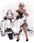  2girls :&gt; absurdres ahoge antennae artist_name bare_shoulders black_sclera boots breasts bridal_veil capelet collarbone commentary dark_elf dark_skin dress elbow_gloves elf english_commentary frown fur-trimmed_boots fur_collar fur_trim gloves gradient_hair hand_on_hip highres insect_girl legs_apart matilda_fiship medium_breasts monster_girl moth_girl mother_lumi multicolored_hair multiple_girls muscle muscular_female needle no_pupils olivia_(fiship) original paws pointy_ears sewing simple_background sitting sparkle torn_clothes torn_dress torn_gloves veil white_eyes white_hair yellow_eyes 