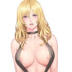  1girl bangs bare_shoulders black_choker black_swimsuit blonde_hair breasts choker cleavage collarbone commentary_request covered_nipples large_breasts long_hair mature open_mouth original pink_lips purple_eyes shu-mai simple_background slingshot_swimsuit solo swimsuit upper_body white_background 