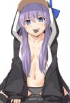  1girl animal_hood bangs bikini black_bikini black_bikini_bottom blue_eyes breasts candy chocolate chocolate_heart choker collarbone eyebrows_visible_through_hair fate/grand_order fate_(series) food food_in_mouth grin hair_between_eyes heart hood long_hair long_sleeves looking_at_viewer medium_breasts meltryllis meltryllis_(swimsuit_lancer)_(fate) navel no_bra penguin_hood purple_hair ribbon shiseki_hirame simple_background sitting sleeves_past_fingers sleeves_past_wrists smile solo swimsuit very_long_hair white_background 