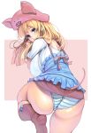  1girl animal_hat ass blonde_hair blue_eyes breasts cat_hat commentary_request hat highres huge_breasts kneeling long_hair looking_at_viewer looking_back masao original panties revision solo striped striped_panties thick_thighs thighs underwear 