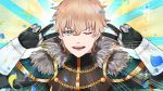  1boy bangs black_gloves black_shirt blonde_hair blue_background cape chain double_v emotional_engine_-_full_drive fate/grand_order fate_(series) fur-trimmed_cape fur_trim gauntlets gawain_(fate/grand_order) gloves gonburu_juan green_cape green_eyes hair_between_eyes hands_up highres long_sleeves looking_at_viewer one_eye_closed open_mouth parody petals shirt short_hair smile solo sparkle striped striped_background v 