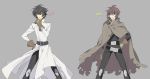  ... 2boys ahoge belt black_hair brown_hair cape cloak coat cosplay costume_switch gloves hand_on_hip jacket kaidou_ken knee_pads looking_at_another magami_ryou male_focus mazinkaiser_skl multiple_boys noki_(affabile) pants short_hair spiked_hair standing thick_eyebrows thinking torn_cape torn_clothes white_coat 