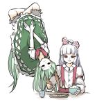  2girls bangs bare_arms black_eyes blank_stare bow bowl brown_eyes buttons closed_mouth crossed_arms cup dress eating empty_eyes ex-keine food fujiwara_no_mokou grabbing green_dress green_hair hair_bow highres holding holding_bowl horn_grab horns kamishirasawa_keine long_hair long_sleeves looking_at_viewer looking_down multiple_girls outstretched_arms peroponesosu. shirt short_sleeves simple_background suspenders touhou upside-down white_background white_hair 