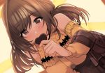  1girl backlighting bangs bare_shoulders blush breasts brown_eyes brown_hair brown_skirt buttons candy chocolate chocolate_heart covering_mouth food heart highres idolmaster idolmaster_shiny_colors large_breasts leaning_forward long_hair long_sleeves looking_at_viewer off-shoulder_shirt off_shoulder shawl shirt skirt solo swept_bangs tied_hair tsukioka_kogane upanishi yellow_shirt 