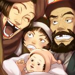  1girl 2boys :d baby beard black_eyes black_hair brown_eyes clenched_hand closed_eyes facial_hair ficklerabbit frown gin_(tokyo_godfathers) grin hana_(tokyo_godfathers) kiyoko_(tokyo_godfathers) looking_at_viewer missing_tooth miyuki_(tokyo_godfathers) multiple_boys open_mouth short_hair smile tokyo_godfathers 