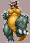  anthro belly big_breasts breasts brown_eyes brown_hair claws dragon featureless_breasts featureless_crotch female glistening glistening_body glistening_skin grey_body grey_skin hair hi_res horn huge_thighs location_now nude overweight overweight_female simple_background smooth_skin thick_tail thick_thighs walking yellow_body yellow_skin 