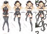  1girl bare_shoulders bismarck_(kantai_collection) blonde_hair blue_eyes blush breastplate breasts censored dakimakura detached_sleeves dress enemy_naval_mine_(kantai_collection) gloves hair_ornament hat heart heart_censor highres kantai_collection large_breasts long_hair looking_at_viewer medium_breasts meng_ziya military military_hat military_uniform multiple_views nipples open_mouth peaked_cap tentacles thighhighs torn_clothes torn_dress torn_legwear uniform 
