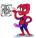  2019 clothing costume dialogue dildo domestic_pig english_text hi_res humor male mammal marvel mask sex_toy shadow simple_background solo spider-ham spider-ham_(character) spider-man:_into_the_spider-verse spider-man_(series) standing strapon suid suina sus_(pig) text wetwasabi white_background 