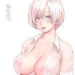  1girl breasts collared_shirt commentary_request eyelashes large_breasts looking_at_viewer nipples open_clothes open_shirt original parted_lips purple_eyes shirt short_hair shu-mai simple_background solo upper_body wet wet_clothes wet_shirt white_background white_hair white_shirt 