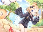 1girl ;p abigail_williams_(fate/grand_order) absurdres bangs black_bow black_jacket blonde_hair blue_eyes blue_sky blush bow closed_mouth cloud commentary_request crossed_bandaids day dutch_angle fate/grand_order fate_(series) hair_bow hair_bun hand_up heroic_spirit_traveling_outfit highres holding_balloon jacket kiri_sakura long_hair long_sleeves medjed one_eye_closed orange_bow outdoors parted_bangs red_footwear shoes sky sleeves_past_fingers sleeves_past_wrists smile solo tongue tongue_out tree v-shaped_eyebrows 
