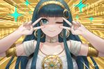  1girl bangs breasts cleopatra_(fate/grand_order) collar commentary_request double_v earrings emotional_engine_-_full_drive fate/grand_order fate_(series) green_eyes green_hair hairband highres hoop_earrings jewelry long_hair looking_at_viewer necklace nhaliz one_eye_closed smile solo v very_long_hair white_collar 